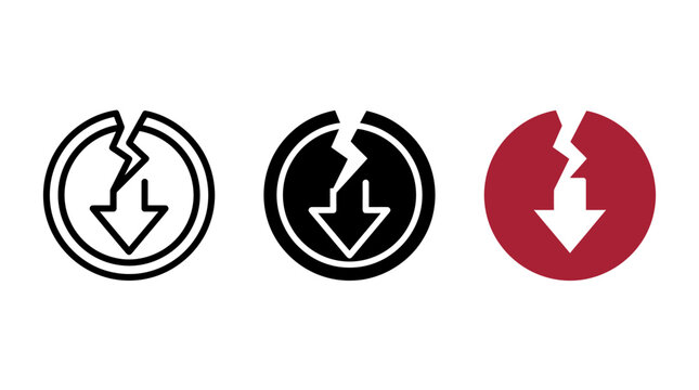 Downward arrow breaking circle icon set for financial decline