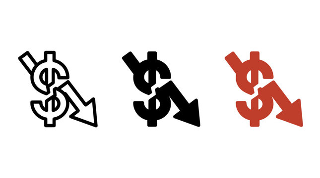 Dollar sign breaking with downward arrow icon set