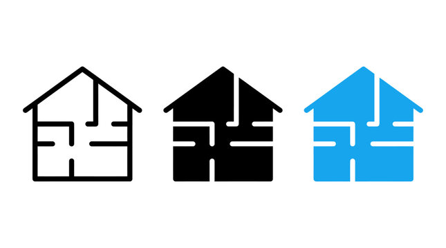 Three variations of floor plan design icons with floorplan