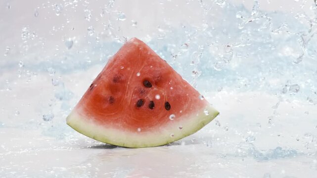 Close up shot of refreshing watermelon slice with splashing water in slow motion.