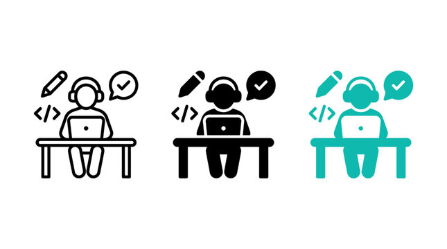 Coder working on laptop icon in outline solid and teal styles