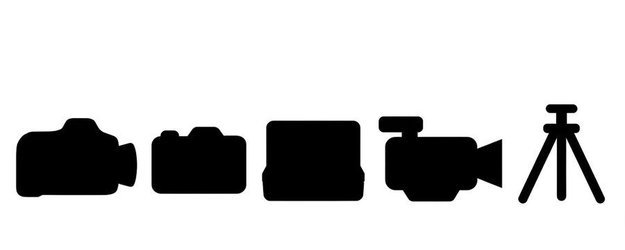 
Set of 5 photography equipment black silhouettes - DSLR camera, mirrorless camera, camera lens, video camera and tripod isolated on white background