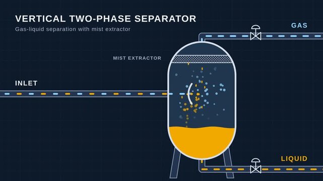 Vertical two-phase separator animation, gas liquid separation with mist extractor cutaway, seamless loop