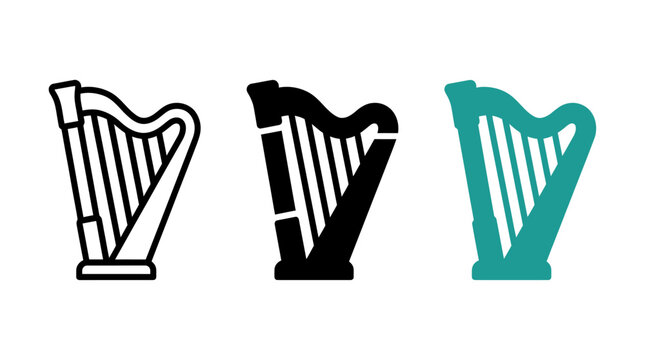 Harp musical instrument icon set in three distinct styles