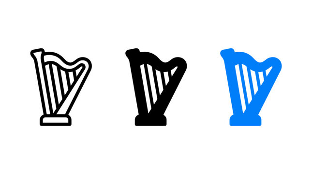 Harp musical instrument icon set in three distinct designs