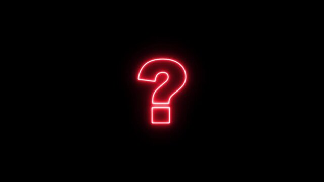 Glowing red neon question mark sign pulsing on black background, for faq and, problem solving