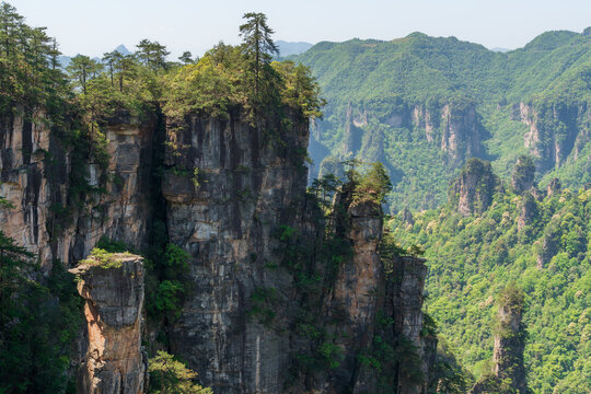 Sandstone pillars from the Shentang Gulf Observation Deck on Mount Tianzi in the Zhangjiajie National Forest Park on a spring day, Wulingyuan District, Zhangjiajie City, Hunan Province, China