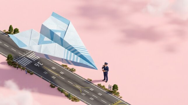 Giant paper airplane landing on runway with miniature pilot for creative travel and startup launching concept.