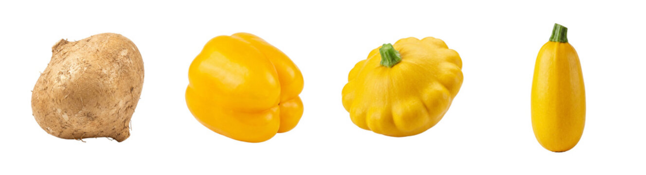 Yellow squash and root vegetable collection with jicama bell pepper pattypan and zucchini on transparent background.