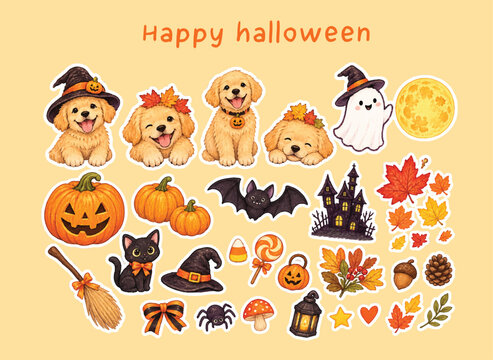 Cute Halloween Sticker Elements Collection with Golden Retriever, Pumpkin, Ghost and Autumn Decorations. Collection of cute hand-drawn Halloween sticker elements including golden retriever puppies, pu
