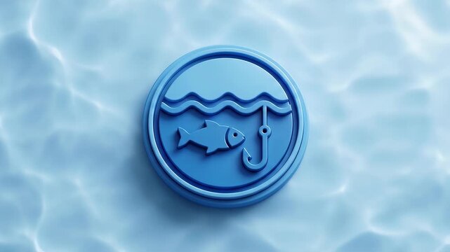 Blue fishing icon with fish and hook on water background.