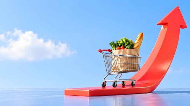 Shopping cart with groceries riding an upward red arrow illustrating food inflation and rising consumer prices