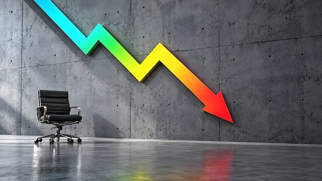 Sharp downward jagged arrow pointing at an empty office chair representing corporate failure and executive layoffs
