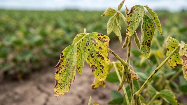 Diseased soybean plant leaves showing damage in a large agricultural field.