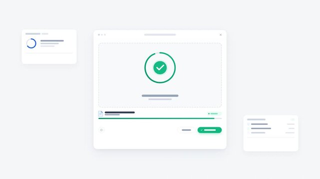 Clean neumorphic modal dialog showing file upload to cloud storage with progress ring and green success checkmark. Seamless loop for corporate tech videos.
