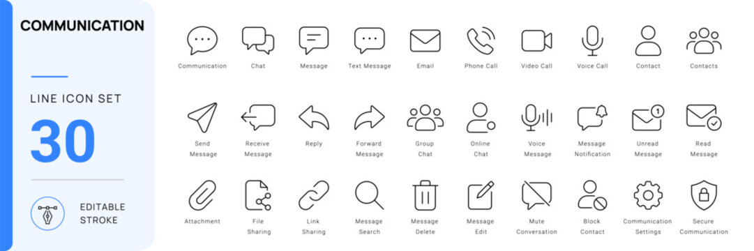 communication icon line style chat message contact editable stroke vector set