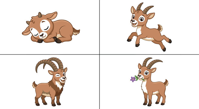 Cute cartoon mountain goat set with adorable baby ibex characters sleeping jumping smiling and eating purple flower vector