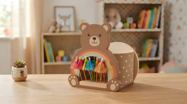 Decorative bear shaped pencil holder with colorful tassels on a wooden desk organizer bear decor children room