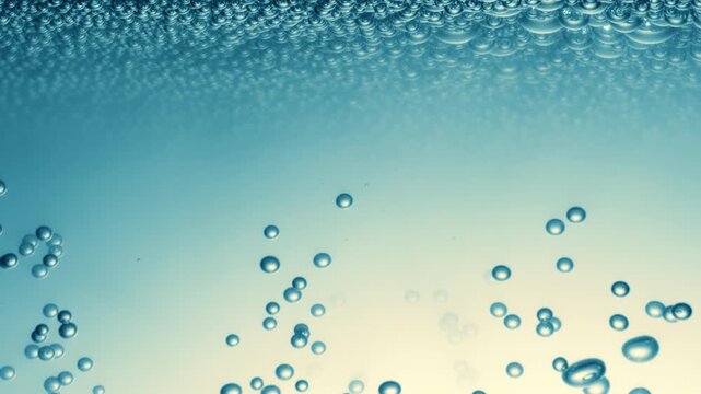 Floating blue oxygen bubbles rising slowly in carbonated liquid water close up macro view.