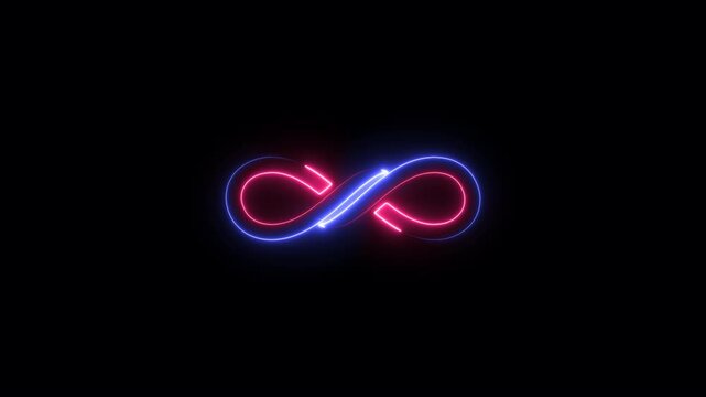 Neon infinity symbol with blue and pink glow on black background light 4k video.