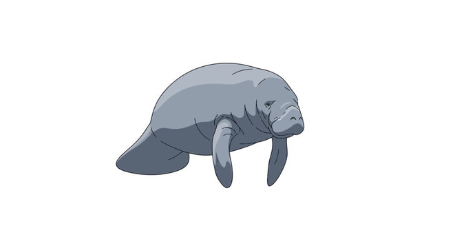 Cartoon gray manatee tail swimming in water isolated on white background