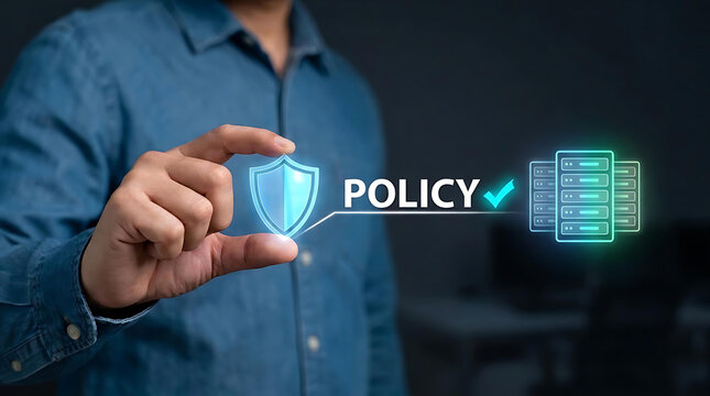 IT professional holding a digital shield icon for data security policy and server compliance management