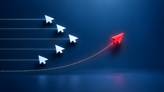 Leadership and Innovation Concept with Red Computer Cursor Breaking Away from White Cursors to Change Direction on Blue Background Representing Unique Strategy and Visionary Success