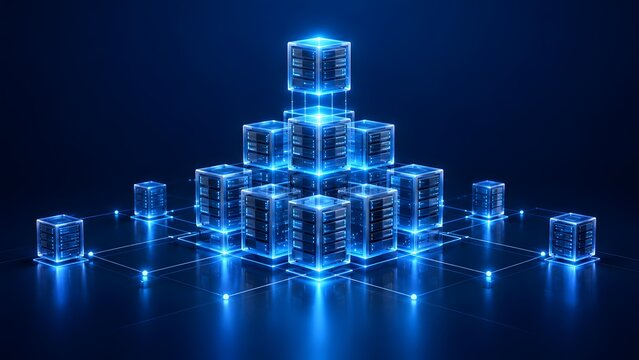Conceptual 3D visualization of a futuristic data center and cloud computing network with glowing blue server cubes interconnected in a dark digital space representing big data storage.