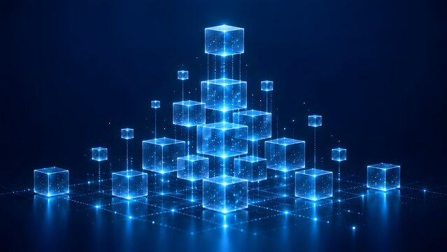 Abstract digital 3D representation of glowing blue data blocks and blockchain cubes arranged on a futuristic grid network, symbolizing big data architecture, cloud storage, and cyber security.