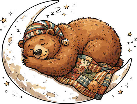  Adorable little brown bear cub sleeping peacefully on the moon with patchwork blanket illustration for kids