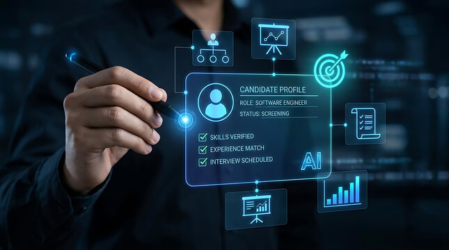 HR professional using digital interface for AI recruitment and candidate screening of software engineer roles