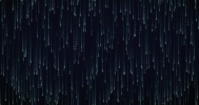 Binary code streams cascade down in a dense, violet-hued digital rain animation.