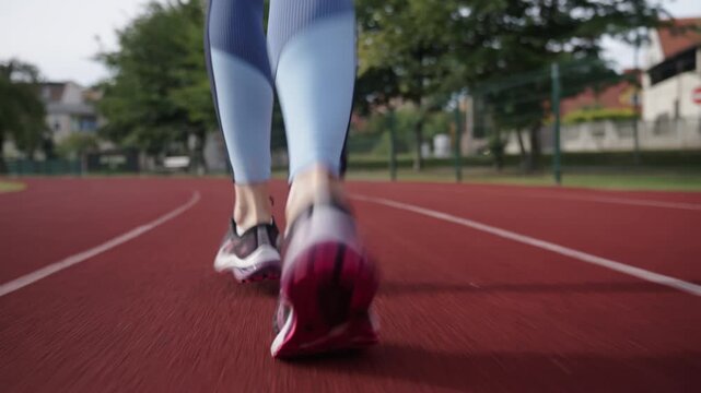 Back view of female runner legs in running shoes jogging on stadium track