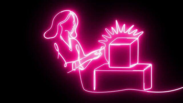 Minimalist Line Art Animation of a Businesswoman Unboxing a Glowing Corporate Product or Idea