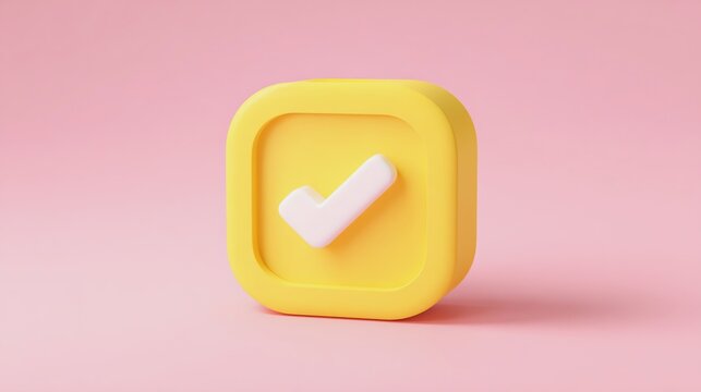 3D yellow check mark symbol on pink background.