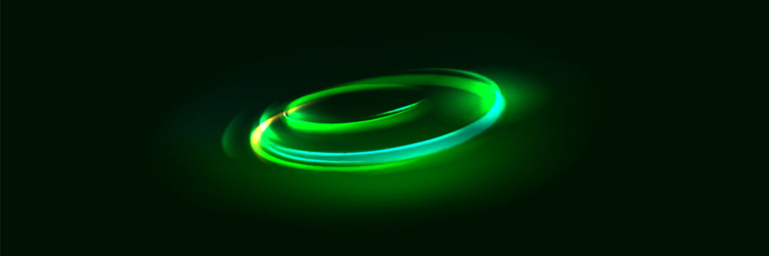 Light green Twirl. Green line curve light effect. Glowing green circle. Green light trail, vortex, wave speed, trace line twirl pedestal.