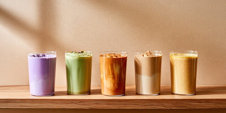 Colorful lineup of ube, pistachio, caramel and banana lattes on a wooden shelf, wide header