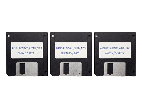 Floppy disk retro data storage diskettes with source code project archive labels on black background for vintage computing technology 1990s programming software backup legacy hardware concept