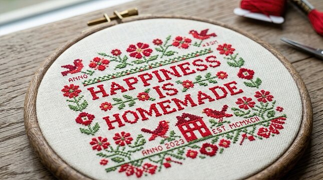 Red cross-stitch embroidery in a hoop. Handmade textile art, needlework, craft, creative hobby.