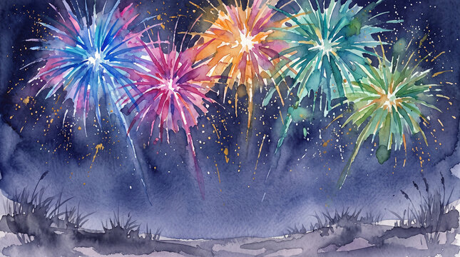 Watercolor fireworks painting over the beach at night, low angle view
