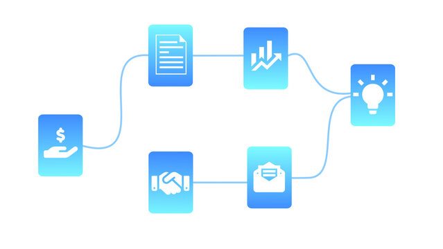 Connected business workflow icons, Blue gradient business workflow illustration with connected icons for finance, documents, analytics, partnership, messaging and ideas on a transparent background