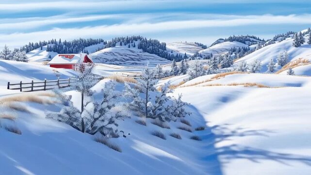 Winter Scene With Red Houses and Snowy Landscape in Countryside Generative AI