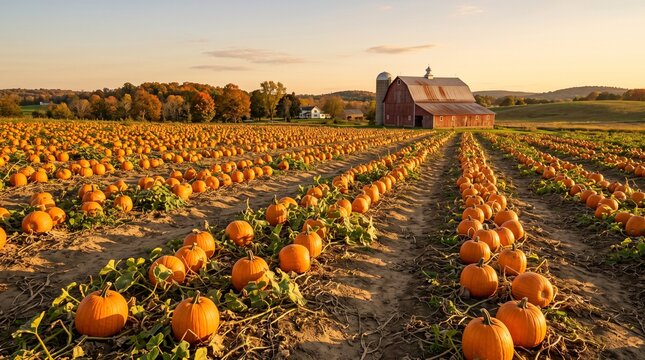 Pumpkin Patch Field with Red Barn at Golden Hour