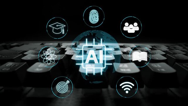 Futuristic Keyboard with AI Technology Icons Representing Education, Security, Communication, Science, and Connectivity in a Digital World. Entropy.
