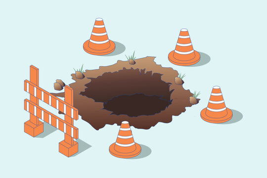 3D isometric illustration of a hole in the ground, with a hazard sign and a traffic cone.