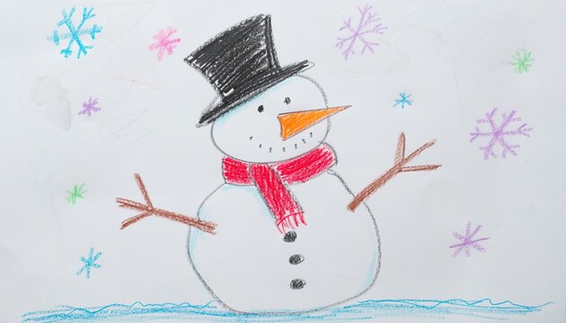 Cheerful childlike crayon drawing of a three-ball snowman wearing a red scarf and black top hat.