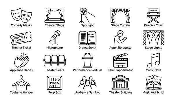 Theater performance editable line icons set with drama stage masks curtain and show symbols