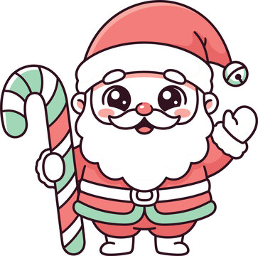 Cute cartoon baby Santa Claus character holding a striped candy cane waving happy vector illustration isolated on white background