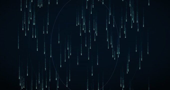 Japanese katakana characters fall slowly in a teal circuit animation, creating a deep mainframe background.