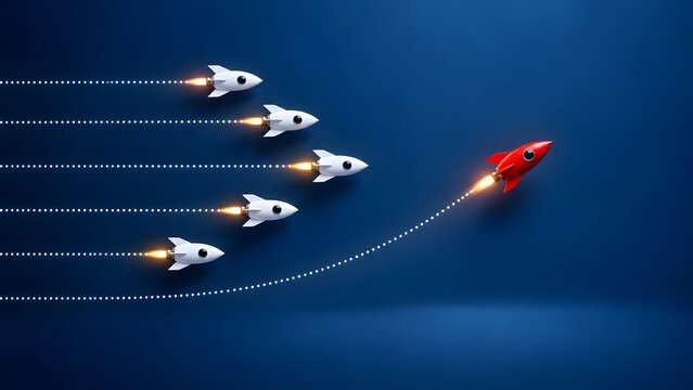 Red Rocket Breaking Away from the Group to Lead a New Path, Leadership Concept Symbolizing Innovation, Unique Business Strategy, and Standing Out from Competition on Dark Blue Background